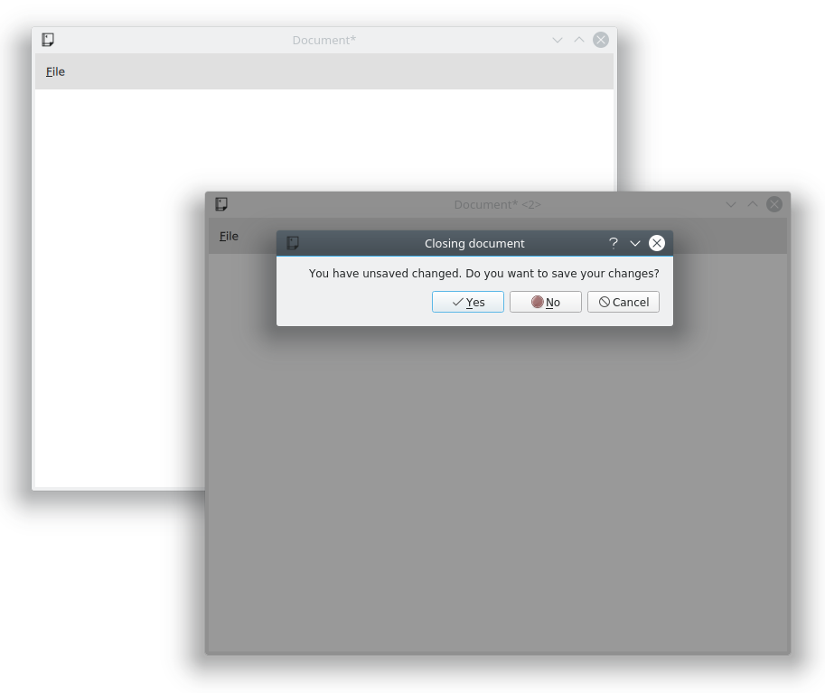 Two document windows and the close warning dialog.